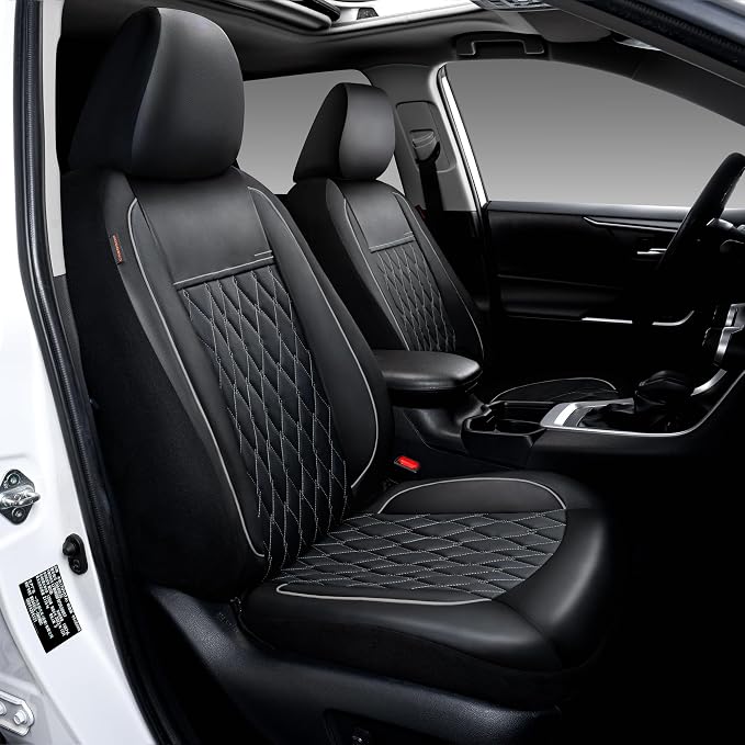 CAROMOP Faux Leather Car Seat Covers Full Set,Luxury and Comfortable Covers for Cars,Split Bench Compatible Car Interior Covers,Universal Fit for Suvs,Vans,Trucks,Airbag Compatible(5-Seat Black/Grey)