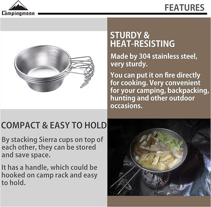 CAMPINGMOON 2pcs Set Stainless Steel Camping Sierra Cup 310ml S-220-2P (2pcs Set)
