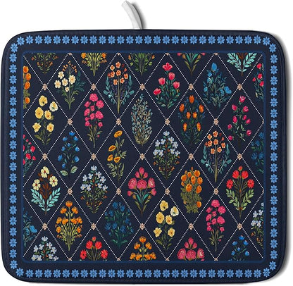 Lapis Blue Dish Drying Mat for Kitchen Counter Flowers Microfiber Absorbent