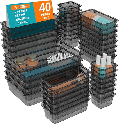 WOWBOX 40 PCS Clear Plastic Drawer Organizer Set, 4 Sizes Desk Drawer