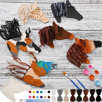 Geelin 24 Pcs Christmas Wooden Horse Craft Western Ornament Unfinished Wooden Cutouts Horse Painting Kit Unicorn Ornament DIY Cowboy Craft Paint Your Own Art for Christmas Party Favors(Classic)