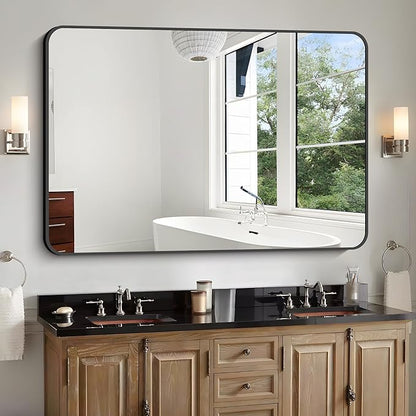 Bathroom Mirror, 48x36 inch Black Rectangle Wall Mirror, Metal Frame Rounded