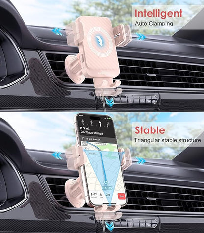Wireless Car Charger, MOKPR 15W Fast Charging Auto-Clamping Car Charger Phone Mount Air Vent Cell Phone Holder Compatible iPhone 16/15/14/13/13 Pro/12 pro/12/11, for Samsung Galaxy S23/S22/S21, Pink
