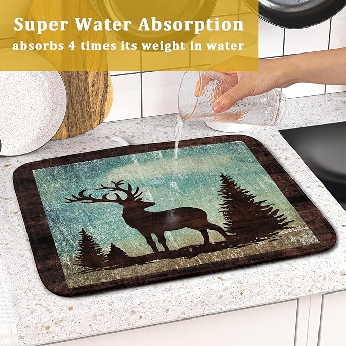 Giwawa Retro Deer Forest Cabin Silhouette Dish Drying Mat Countertop 16x18 Fall