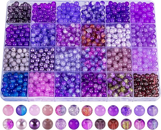 XSEINO About 1200PCS 6mm Glass Beads Bracelet Making Kit,24 Assorted Violet Elegant Series Colorful Crystal Beads for Bracelet and Jewelry Making and DIY Crafts,Friendship Bracelets