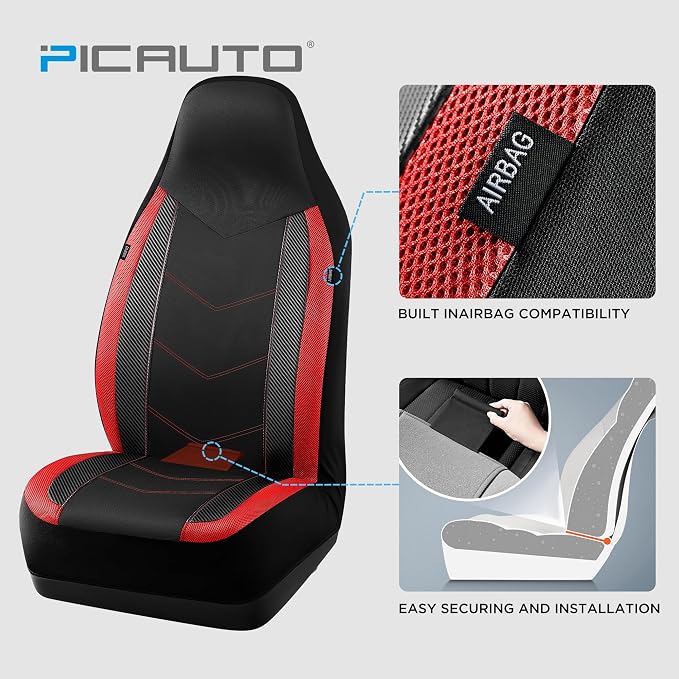 PIC AUTO Car Seat Covers - High Back Front Seat Covers, Sports Carbon Fiber Mesh Design, Universal Fit, Airbag Compatible (Red)