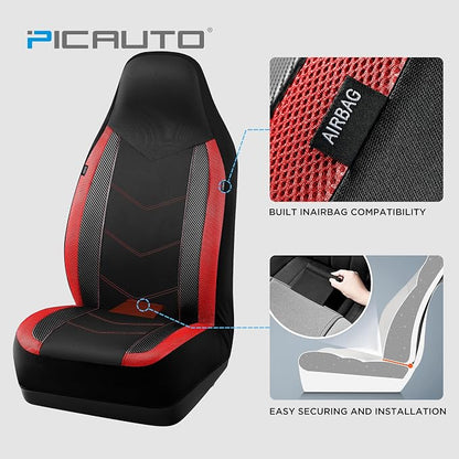 PIC AUTO Car Seat Covers - High Back Front Seat Covers, Sports Carbon Fiber Mesh Design, Universal Fit, Airbag Compatible (Red)