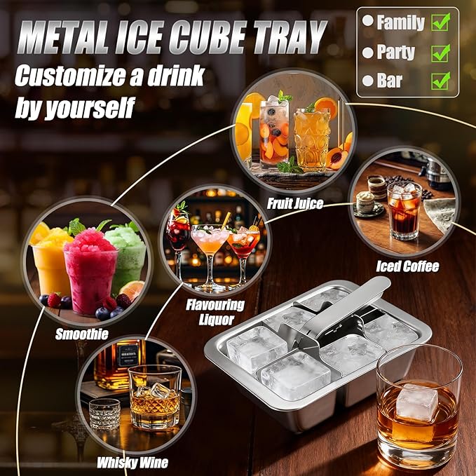Ice Cube Trays, 2 Pack Large 6-cube Stainless Steel Ice Cube Trays