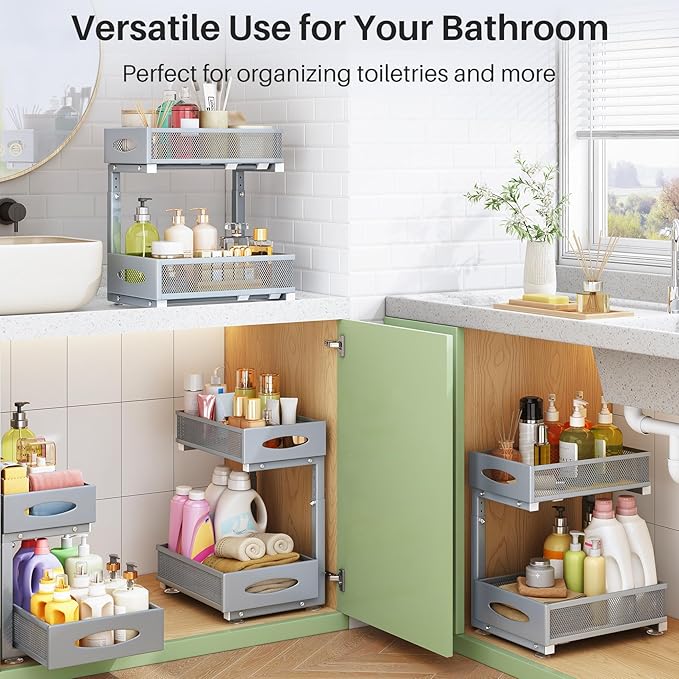 1 Pack Under Sink Organizer, 2 Tier Pull out Cabinet Organizer Mesh Baskets
