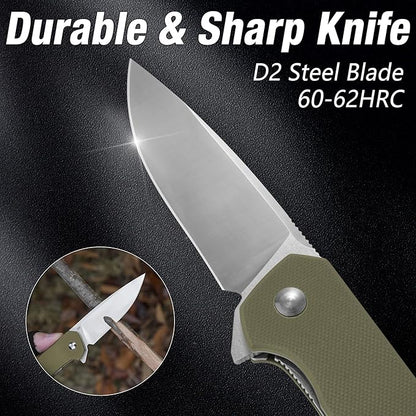 FLISSA Pocket Knife, Folding Tactical Knife with G10 Handle, D2 Blade, Liner Lock, Pocket Clip, EDC Knife for Hiking, Camping, Survival, Indoor and Outdoor Activities(Green)