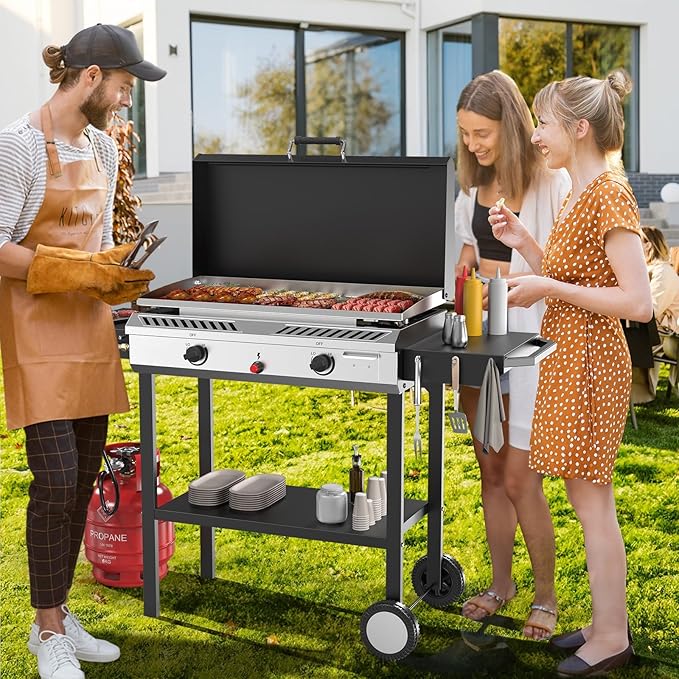 Bonnlo 2-in-1 Propane Stove and Griddle, Iginition Outdoor Gas Cooker with Storage Shelf and Portable Wheels, 2 Burner Camping Stove with 150000BTU Output for Backyard Cooking BBQ Frying and Boiling