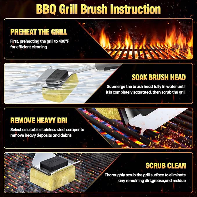 Grill Brush Bristle Free for Outdoor Grill, Steam Grill Cleaning Brush Replaceable BBQ Cleaner Brush Head,Extended Handle, Safe Grill Brush with Scraper for Cast Iron Stainless-Steel Grates,Black