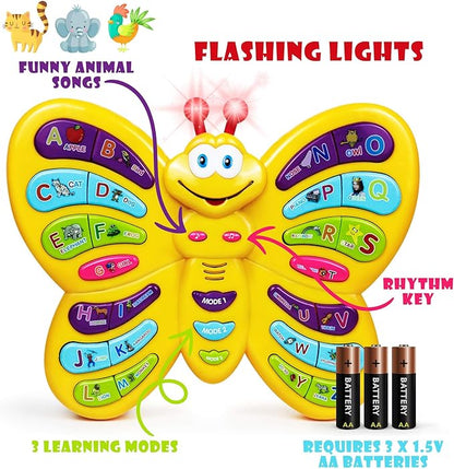 Preschool ABC Learning Toy, Interactive Educational Butterfly Toy for Toddlers, Animal Sounds & Music, Early Development See and Say Baby Toys for 3 Year Old Boys & Girls