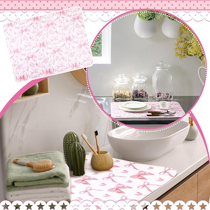SiliFine 2 Pcs Large Coquette Pink Bow Dish Drying Mat Large