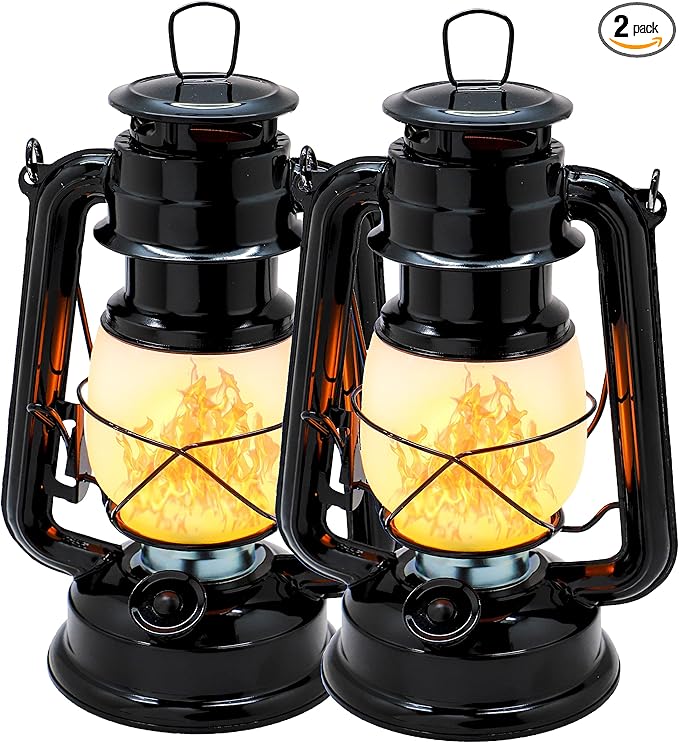 YAKii LED Vintage Flame Lantern Metal Outdoor Hanging Lantern with Dancing Flame Battery Operated Halloween Outdoor Indoor Decoration(Black Pack of 2)
