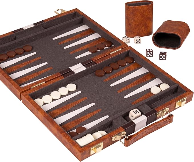 Backgammon Set - 11 inches Classic Board Game for Adults and Kids with Premium Leather Case - with Strategy & Tip Guide (Brown, Small)
