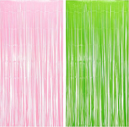 BRAVESHINE Party Streamers Backdrop - 2 Pack 3.2ft X 8.2ft Tinsel Foil Fringe Curtains for Halloween/Boo/Fairy/Girl Birthdays/Wizard/Baby Shower/Photos Booths/Pink and Green Party Decorations