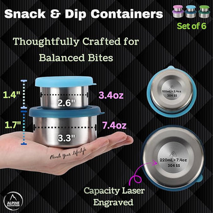 12-Piece Stainless Steel Snack Dip Condiment Containers Set | 3 x 7.4 oz and 3 x 3.4 oz with Silicone Lids | Reusable Leakproof Food Storage Containers for Lunch Meal Prep and Travel