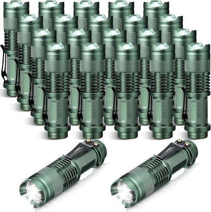 Fumete 20 Pieces LED Flashlight Mini 3 Mode Tactical Torch Small Water Resistant Pocket Flash Light Adjustable Focus Light Pen for Men, Father, Indoor Outdoor Hiking(Dark Green)