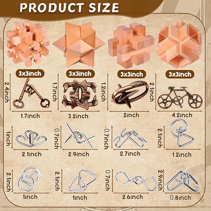 Rileryan 16 PCS Wooden Metal Brain Teasers for Adults 3D Brain Teasers Wooden Cube