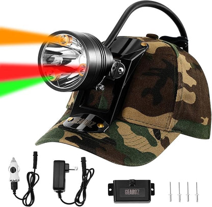 Coon Hunting Lights Headlamp for Coyotes Hog Predators, 10W Rechargeable & IPX5 Waterproof, 6 Lighting Modes, 45000LUX 4-Color LED (White Red Green Amber) with Camo Hunting Hat for Forehead