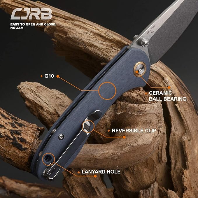 CJRB Folding Knife Feldspar Pocket Knife Stonewash D2 Steel Blade G10 Tactical Handle EDC Knife, Blue Handle-Small (J1912)