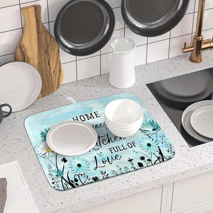 Blue Daisy Dish Drying Mat 16x18 Inch Love Kitchen Absorbent Microfiber