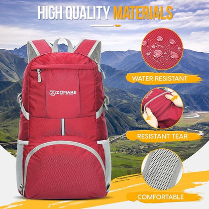 ZOMAKE Lightweight Packable Backpack 35L, Light Foldable Backpacks Water Resistant Collapsible Hiking Bag, Compact Folding Day Pack for Travel Camping(Red)