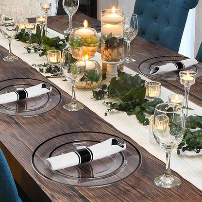 Goodluck 350 Piece Black Plastic Dinnerware Set for Party, Clear Disposable Plates for 50 Guests, Include: 50 Dinner Plastic Plates, 50 Dessert Plates, 50 Pre Rolled Napkins with Cutlery Set, 50 Cups