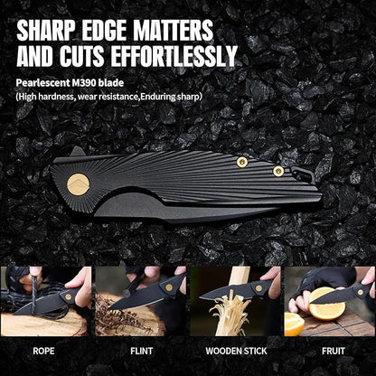 Folding Knife pocket knife EDC Knife With Clip Survival knife Hunting knife - M390 Steel Titanium Handle - Outdoor Hunting Survival Camping knife with Sheath (Black)