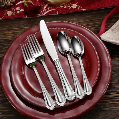 KEAWELL Pearl Edge Premium 20-Piece Refined Bead Silverware Set, 18/10 Stainless Steel, Service for 4, Fine Flatware Set, Dishwasher Safe (20, Silver)