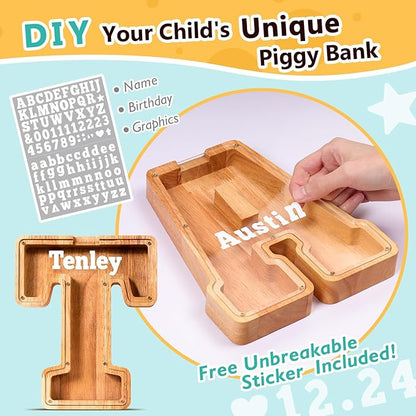 SummiDate Wooden Letter Piggy Bank Piggy Bank for Boys and girls Alphabet Money Bank Thanks Giving Gifts(Initial-T)
