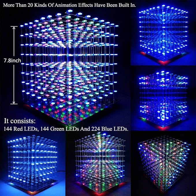 iCubeSmart 3D LED Cube DIY Electronics Kit 8x8x8 - Soldering Project and Learning Kit (3D8S-MULTI)