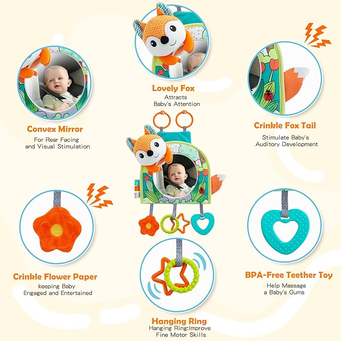 Car Seat Toy, Baby Car Mirror Toy for Rear Facing, Travel Baby Activity Center with Hanging Engaging Toys for Infants Babies 0-6-12-18 Months Boy Girl