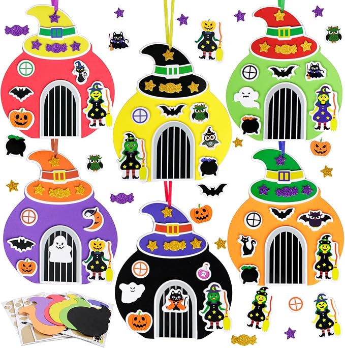 Fennoral 12 Pack Halloween Craft Kit for Kids Make You Own Witch House Foam Stickers Ornament DIY Arts and Crafts for Kids Girls Boys Halloween Party Supplies Halloween Decoration