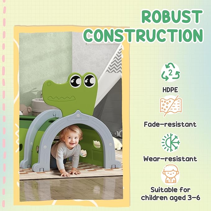 Qaba Crocodile Tunnel, Toddler Tunnel for Kids Crawl and Climb Through, Kids' Play Structure Indoor Outdoor, 4 Sections, Green