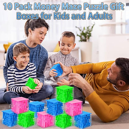 10 Pack Money Maze Puzzle Gift Boxes(3 Colors), 3D Mazes Magic Cube Money Puzzle Box Toy Set Brain Teasers for Kids Teens and Adults Birthday Party Favors