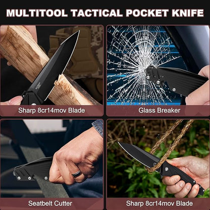 AUBEY Pocket Knife, 8Cr14Mov Steel Blade 3.54", 3-in-1 Folding Knife for Men, Tactical Multitool Knife with Glass Breaker Seat Belt Cutter for EDC Outdoor Survival Camping Hiking (Aluminum Handle)