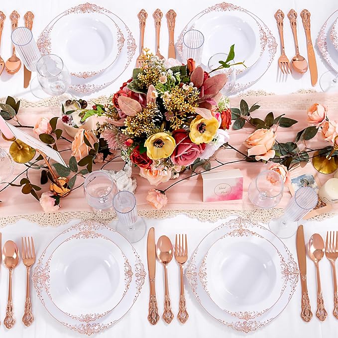 100PCS Rose Gold Plastic Bowls - 12 oz Disposable Salad Bowls - Heavy Duty Disposable Soup Bowl - Fancy Plastic Ice Cream Bowl for Weddings Parties Catering Picnics
