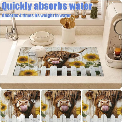Sunflower Highland Cow Dish Drying Mat
