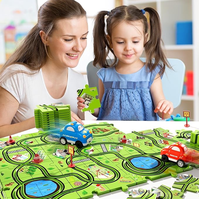 48PCS Puzzle Race Track Car Set for Toddlers Kids Boys, Toddler Toys Gifts for 3 4 5 Year Old Boys and Girls, Floor Puzzle Tracks Car Toys for Ages 3-5 4-6
