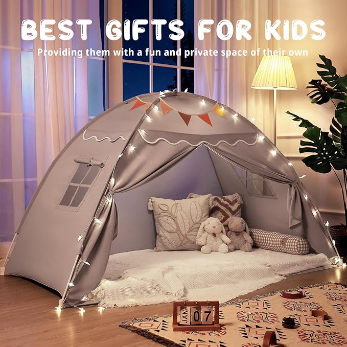Sumbababy Toddler Bed Tent Canopy: Lights & Flags Indoor Floor Bed Kids Tent Playhouse - Portable & Foldable Twin Bunk Bed Curtains - Girls & Boys Bedroom Privacy Space Sleeping Tents Gifts (Gray)