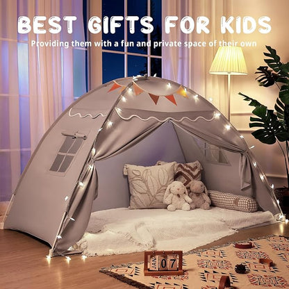 Sumbababy Toddler Bed Tent Canopy: Lights & Flags Indoor Floor Bed Kids Tent Playhouse - Portable & Foldable Twin Bunk Bed Curtains - Girls & Boys Bedroom Privacy Space Sleeping Tents Gifts (Gray)