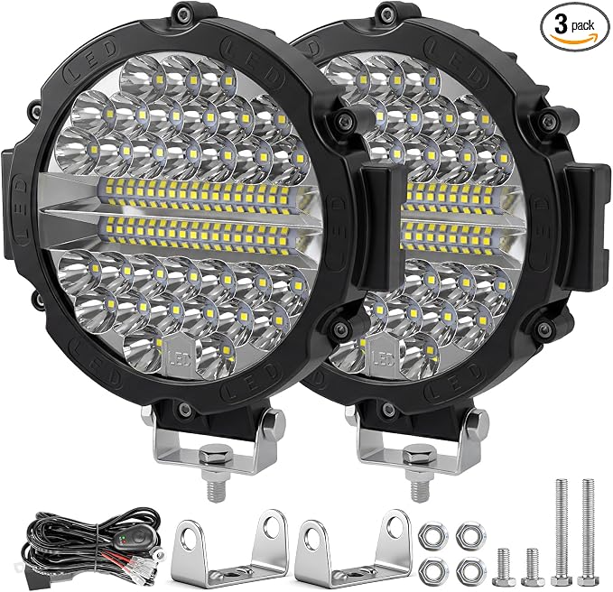 7 INCH Round LED Light Bar MUVKQC 201W Off-Road Driving Lights 21000lm LED Work Lights Pod with Wiring Harness for Pickup SUV ATV UTV Trucks Tractor (2PCS 201W Black+1 Set 2-Lead Wiring Harness)
