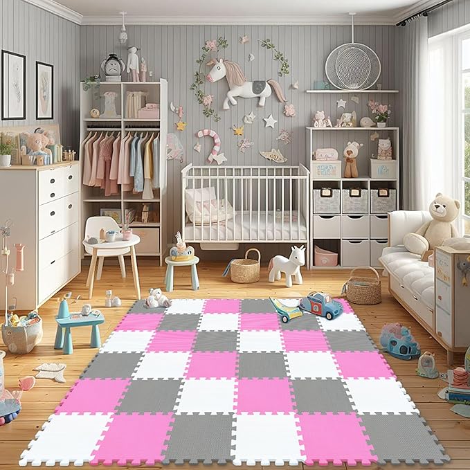 qqpp EVA Rubber 18 Tiles Interlocking Puzzle Foam Floor Mats - Baby Play Mat for Playing | Exercise Mat for Home Workout. White, Pink, Gray. QC-ACLb18N