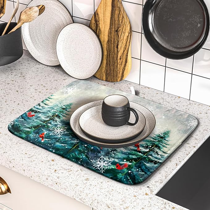 Pine Tree Dish Drying Mat for Kitchen Countertop Red Bird Dishes Mats Winter