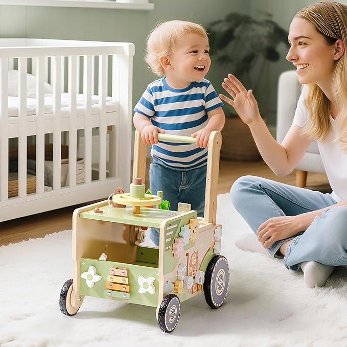 ROBUD Wooden Baby Walker, Baby Push Walker for 10+ Months, Montessori Push Toy, Adjustable Speed & Height Learning Toy with Activity Panel (Rustic Farm Adventure Theme)