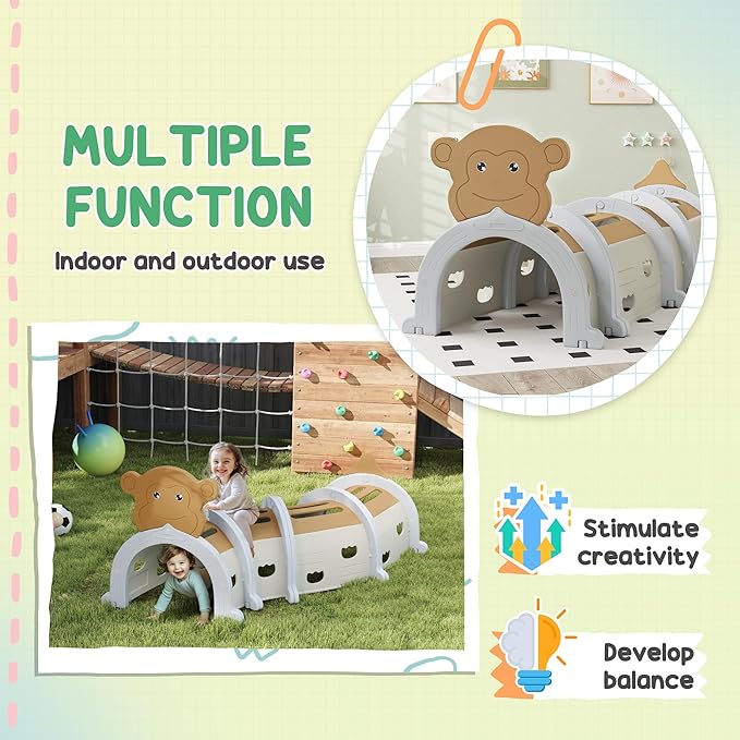 Qaba Monkey Tunnel, Toddler Tunnel for Kids Crawl and Climb Through, Kids' Play Structure Indoor Outdoor, 4 Sections, Brown