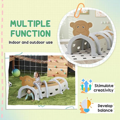 Qaba Monkey Tunnel, Toddler Tunnel for Kids Crawl and Climb Through, Kids' Play Structure Indoor Outdoor, 4 Sections, Brown