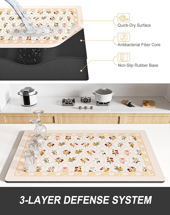 Rnivvi Dish Drying Mat for Kitchen Counter, 12 x 19" Cute Flower Theme Super